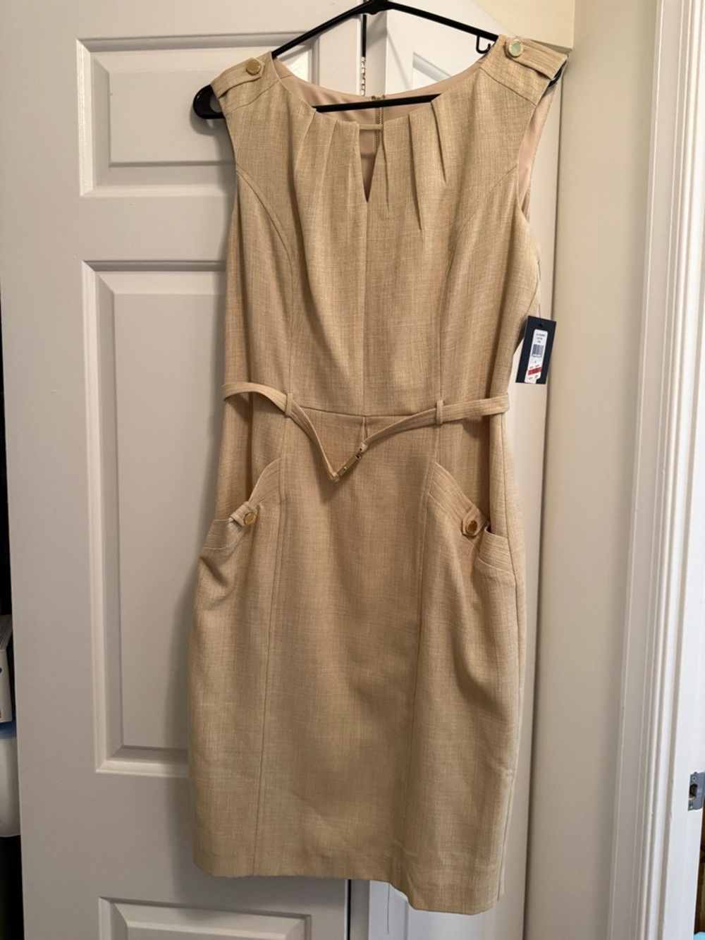 NWT Ellen Tracy Tan Sleeveless Belted Midi Sheath Dress with pockets
